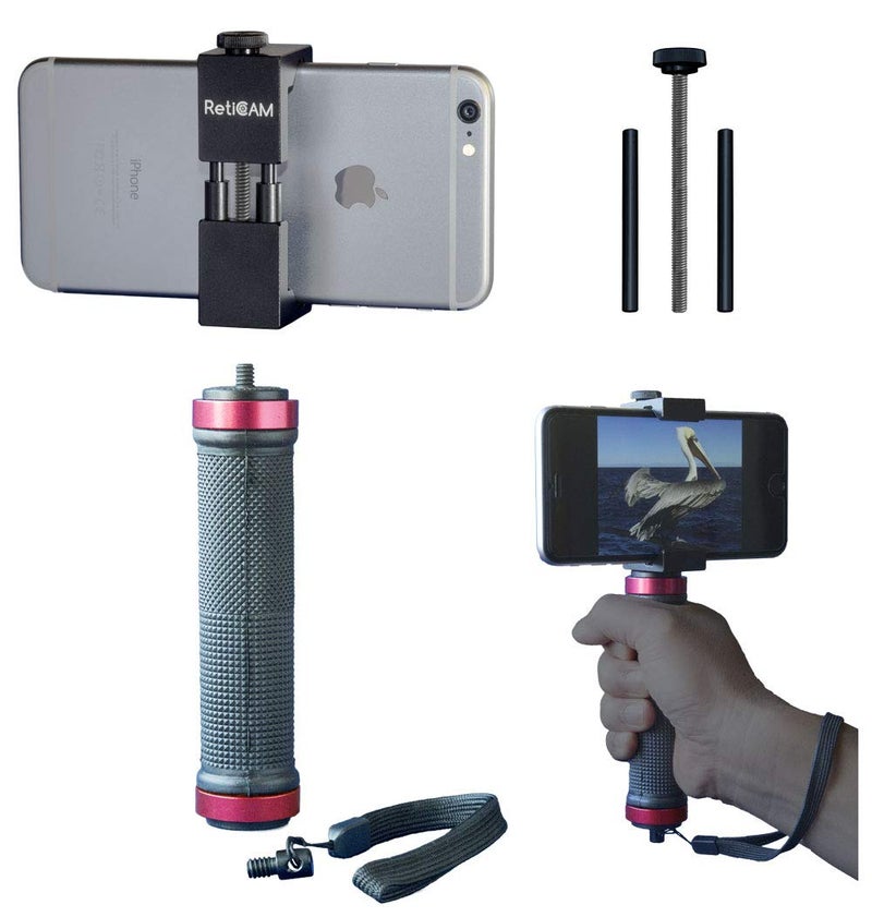 RETICAMÂ® Smartphone Tripod Mount with Hand Grip - All Metal Heavy-Duty Hand Held Stabilizer and Tripod Mount for Smart Phones and Cameras - HG30, Aluminum, Red - Image 1